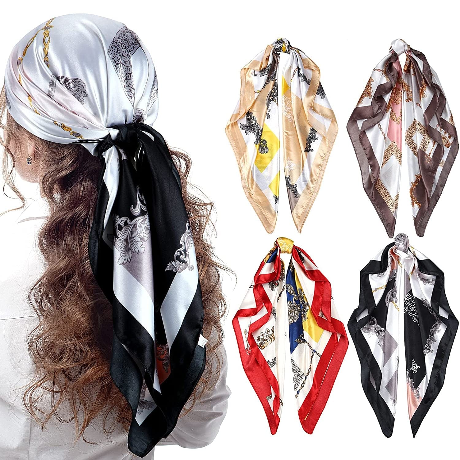 4 Pieces 35 Inch Satin Head Scarves Large Square Silky Feeling Headband Satin Boho Hair Bandanas for Women Girls (Elegant Series) Apparel & Accessories > Clothing Accessories > Bandanas & Headties Honoson Boho Series  