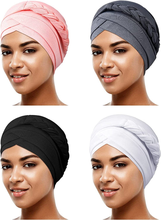 4 Pieces African Women Turban Cap Beaded Headscarf Beanie Twisted Braid Wrap Hat Faux Pearl Headwrap Apparel & Accessories > Clothing Accessories > Hats SATINIOR Black, White, Dark Gray, Pink Half Braid Style 