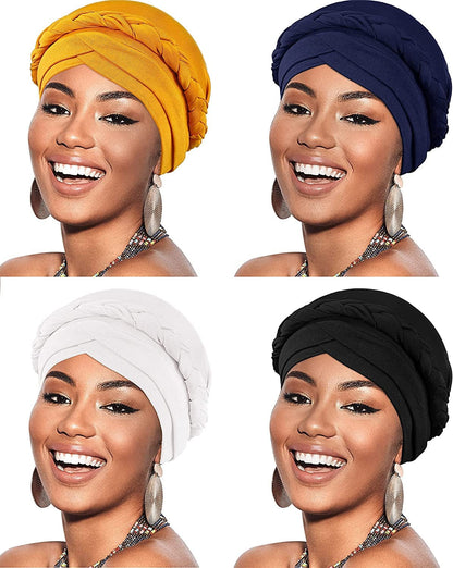 4 Pieces African Women Turban Cap Beaded Headscarf Beanie Twisted Braid Wrap Hat Faux Pearl Headwrap Apparel & Accessories > Clothing Accessories > Hats SATINIOR Black, White, Navy, Ginger Solid Color Style 