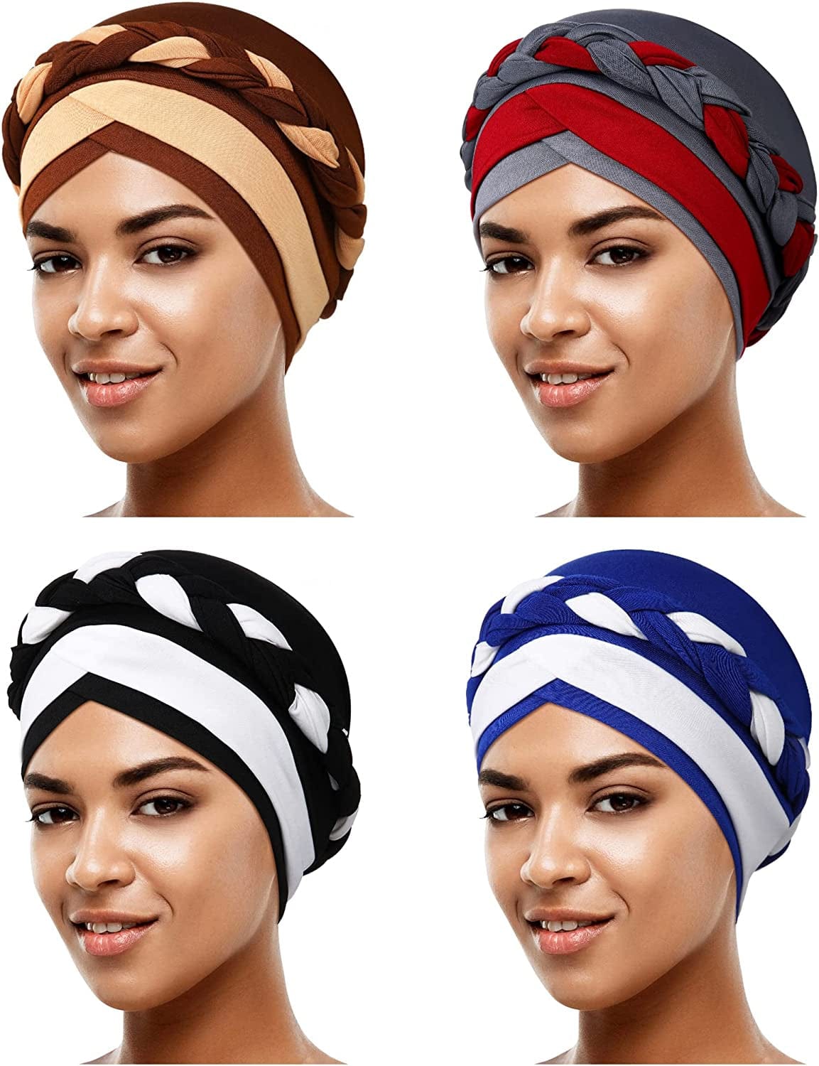 4 Pieces African Women Turban Cap Beaded Headscarf Beanie Twisted Braid Wrap Hat Faux Pearl Headwrap Apparel & Accessories > Clothing Accessories > Hats SATINIOR Multiple Color Two-color Style 