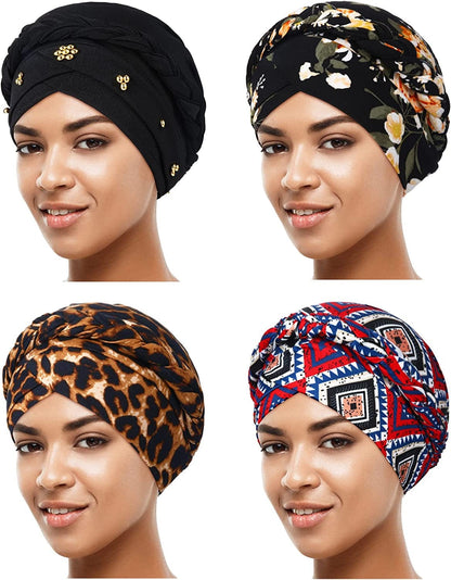 4 Pieces African Women Turban Cap Beaded Headscarf Beanie Twisted Braid Wrap Hat Faux Pearl Headwrap Apparel & Accessories > Clothing Accessories > Hats SATINIOR Assorted Colors Delicate Style 