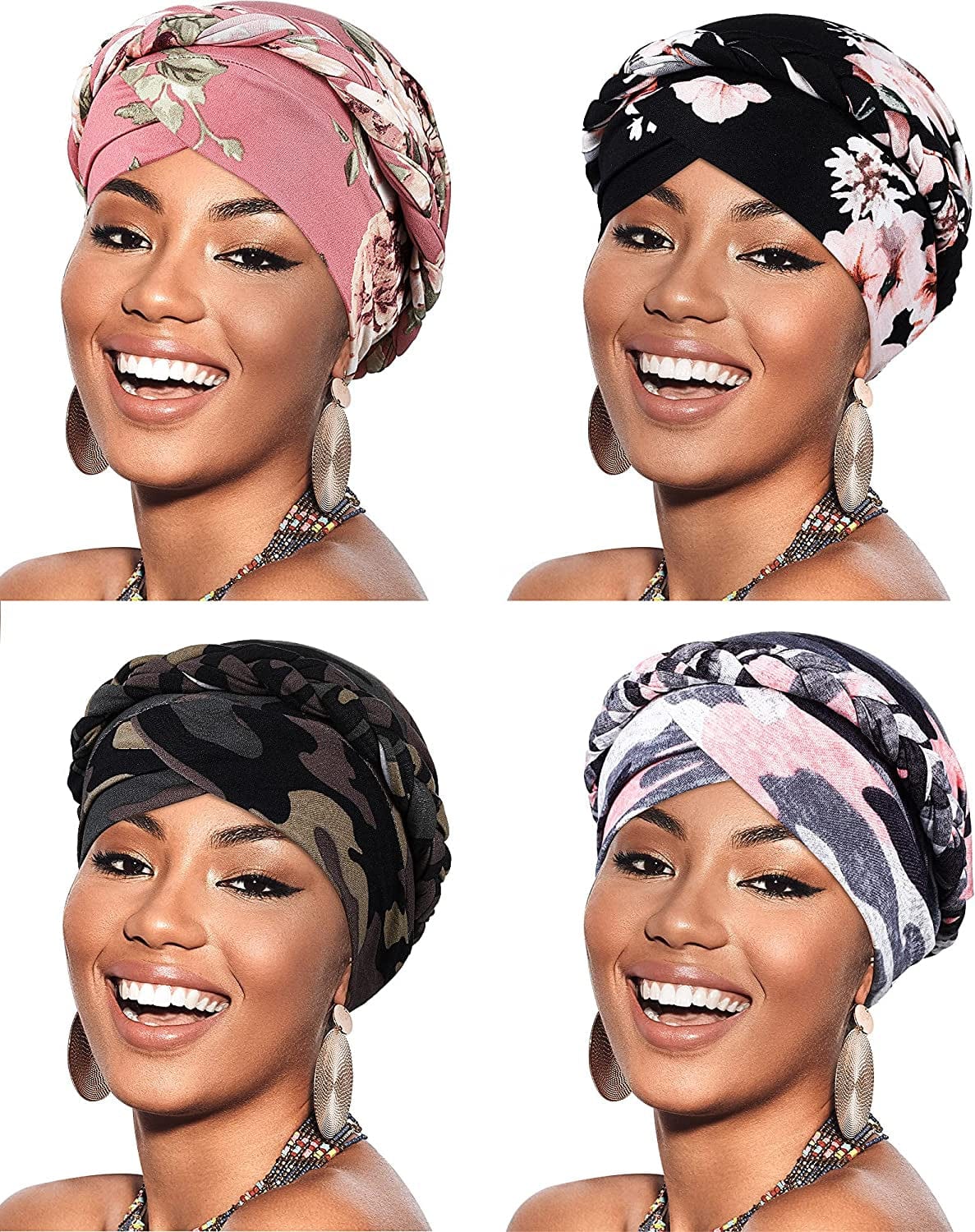 4 Pieces African Women Turban Cap Beaded Headscarf Beanie Twisted Braid Wrap Hat Faux Pearl Headwrap Apparel & Accessories > Clothing Accessories > Hats SATINIOR Camouflage Color Camouflage Style 