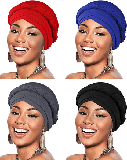 4 Pieces African Women Turban Cap Beaded Headscarf Beanie Twisted Braid Wrap Hat Faux Pearl Headwrap Apparel & Accessories > Clothing Accessories > Hats SATINIOR Black, Gray, Bright Red, Sapphire Blue Solid Color Style 