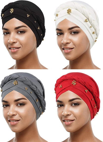 4 Pieces African Women Turban Cap Beaded Headscarf Beanie Twisted Braid Wrap Hat Faux Pearl Headwrap Apparel & Accessories > Clothing Accessories > Hats SATINIOR Black, Grey, White, Red Bead Style 