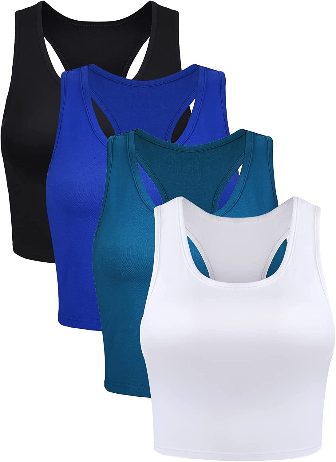 4 Pieces Basic Crop Tank Tops Sleeveless Racerback Crop Sport Top for Women Black, White, Peacock Blue, Royal Blue / Small