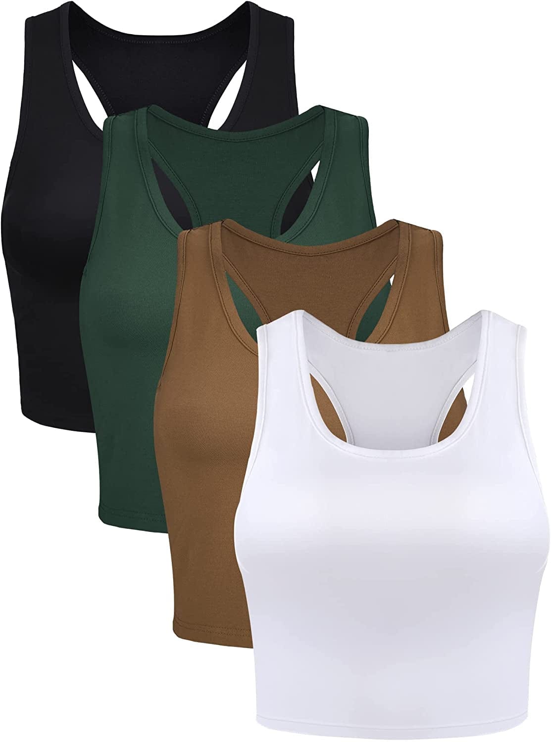 4 Pieces Basic Crop Tank Tops Sleeveless Racerback Crop Sport Top for Women Dark Green, Black, White, Chocolate / XX-Large