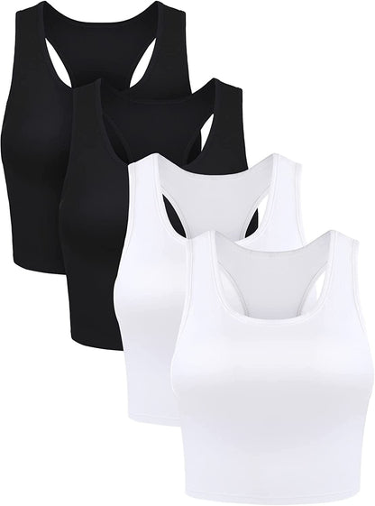 4 Pieces Basic Crop Tank Tops Sleeveless Racerback Crop Sport Top for Women Black, White / Small