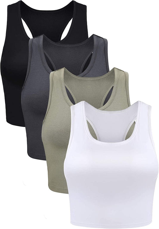 4 Pieces Basic Crop Tank Tops Sleeveless Racerback Crop Sport Top for Women Black, White, Grey, Olive Green / XX-Large