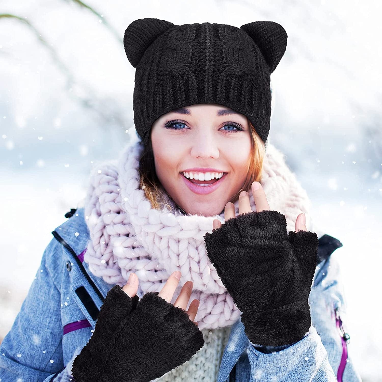 4 Pieces Cat Ear Beanie Hat Crochet Braided Knit Hats Winter Knitted Cable Hat with Cat Paw Gloves Faux Fur Fingerless Mittens Winter Warm Animal Furry Claw Gloves with Rope for Girls Women Apparel & Accessories > Clothing Accessories > Gloves & Mittens Sintege   