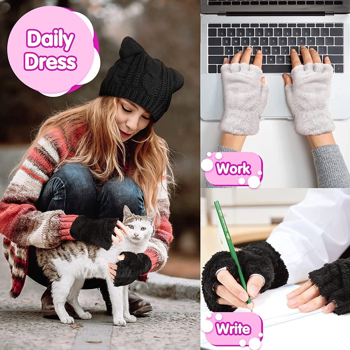 4 Pieces Cat Ear Beanie Hat Crochet Braided Knit Hats Winter Knitted Cable Hat with Cat Paw Gloves Faux Fur Fingerless Mittens Winter Warm Animal Furry Claw Gloves with Rope for Girls Women Apparel & Accessories > Clothing Accessories > Gloves & Mittens Sintege   