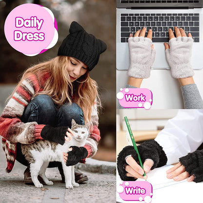 4 Pieces Cat Ear Beanie Hat Crochet Braided Knit Hats Winter Knitted Cable Hat with Cat Paw Gloves Faux Fur Fingerless Mittens Winter Warm Animal Furry Claw Gloves with Rope for Girls Women Apparel & Accessories > Clothing Accessories > Gloves & Mittens Sintege   
