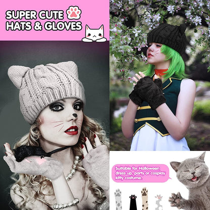 4 Pieces Cat Ear Beanie Hat Crochet Braided Knit Hats Winter Knitted Cable Hat with Cat Paw Gloves Faux Fur Fingerless Mittens Winter Warm Animal Furry Claw Gloves with Rope for Girls Women Apparel & Accessories > Clothing Accessories > Gloves & Mittens Sintege   