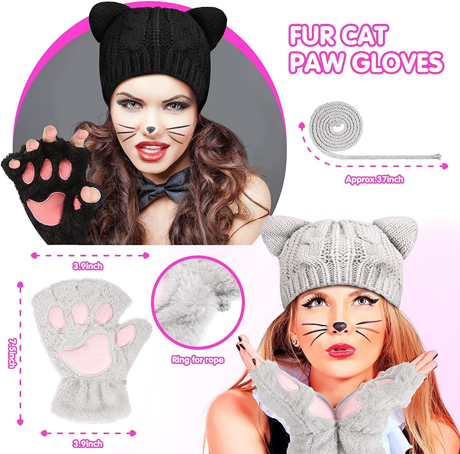 4 Pieces Cat Ear Beanie Hat Crochet Braided Knit Hats Winter Knitted Cable Hat with Cat Paw Gloves Faux Fur Fingerless Mittens Winter Warm Animal Furry Claw Gloves with Rope for Girls Women Apparel & Accessories > Clothing Accessories > Gloves & Mittens Sintege   
