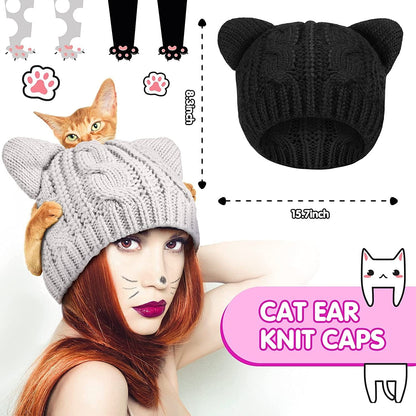 4 Pieces Cat Ear Beanie Hat Crochet Braided Knit Hats Winter Knitted Cable Hat with Cat Paw Gloves Faux Fur Fingerless Mittens Winter Warm Animal Furry Claw Gloves with Rope for Girls Women Apparel & Accessories > Clothing Accessories > Gloves & Mittens Sintege   