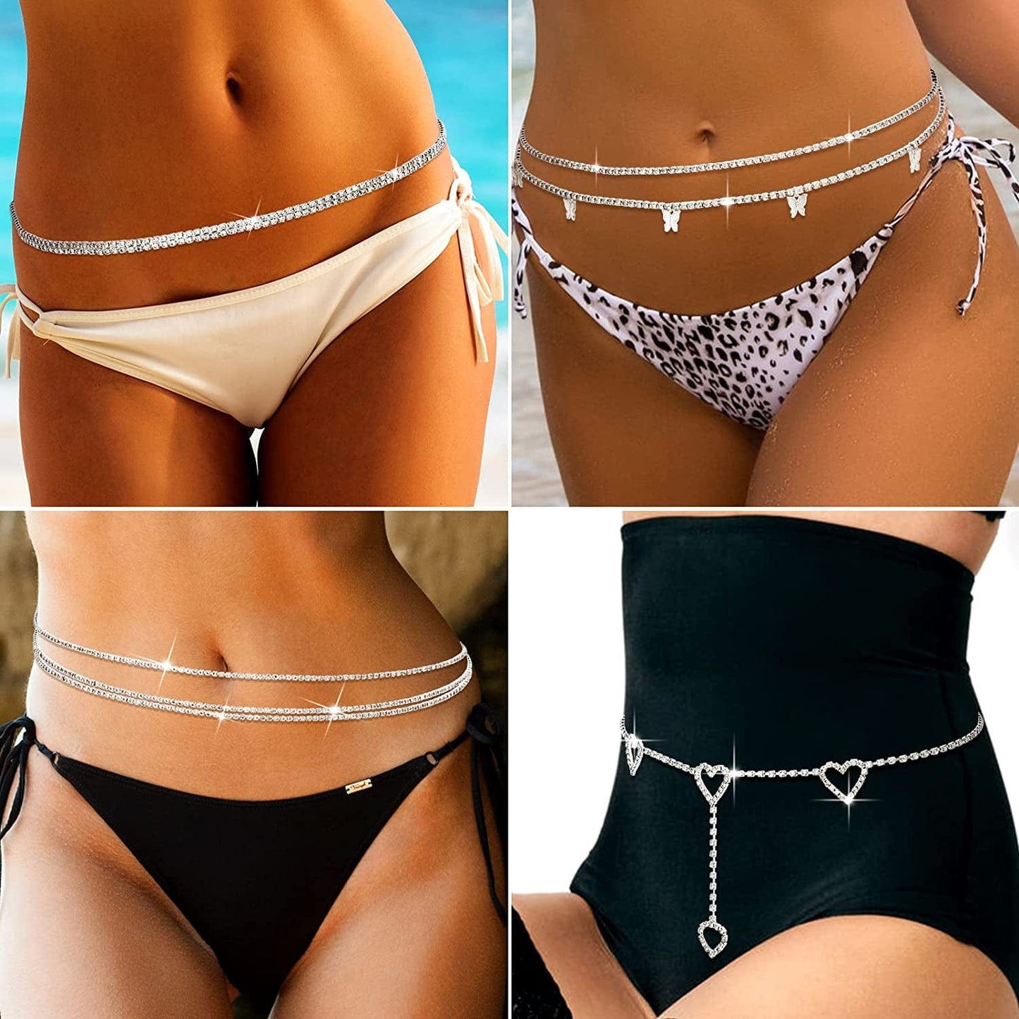 4 Pieces Crystal Boho Waist Chains Rhinestone Belly Chain Jewelry for Women 90S Body Chain Waist Apparel & Accessories > Jewelry > Body Jewelry Sureio   