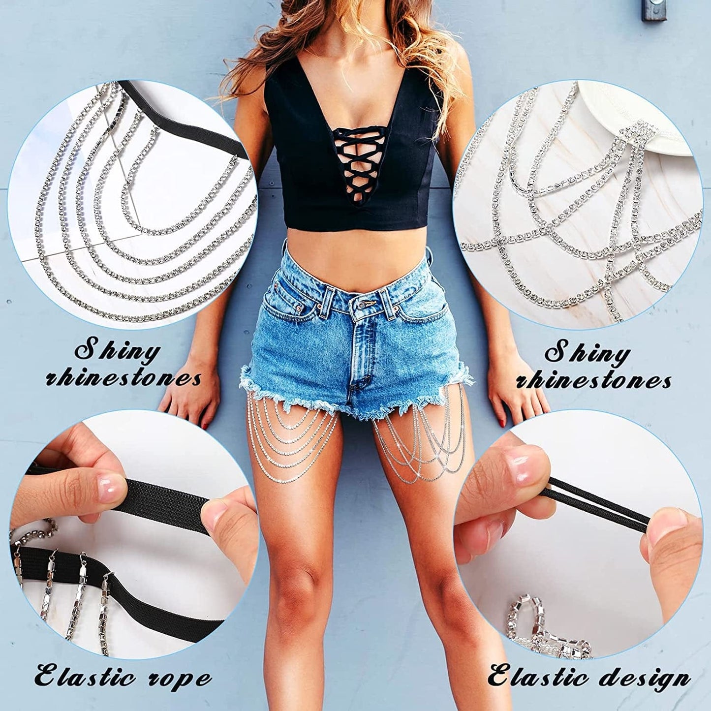 4 Pieces Crystal Leg Chains Thigh Chain Jewelry Rhinestone Sliver Thigh Chain Layered Body Chain Beach Body Chains Thigh Jewelry for Women Girls Rave Party Apparel & Accessories > Jewelry > Body Jewelry Sureio   