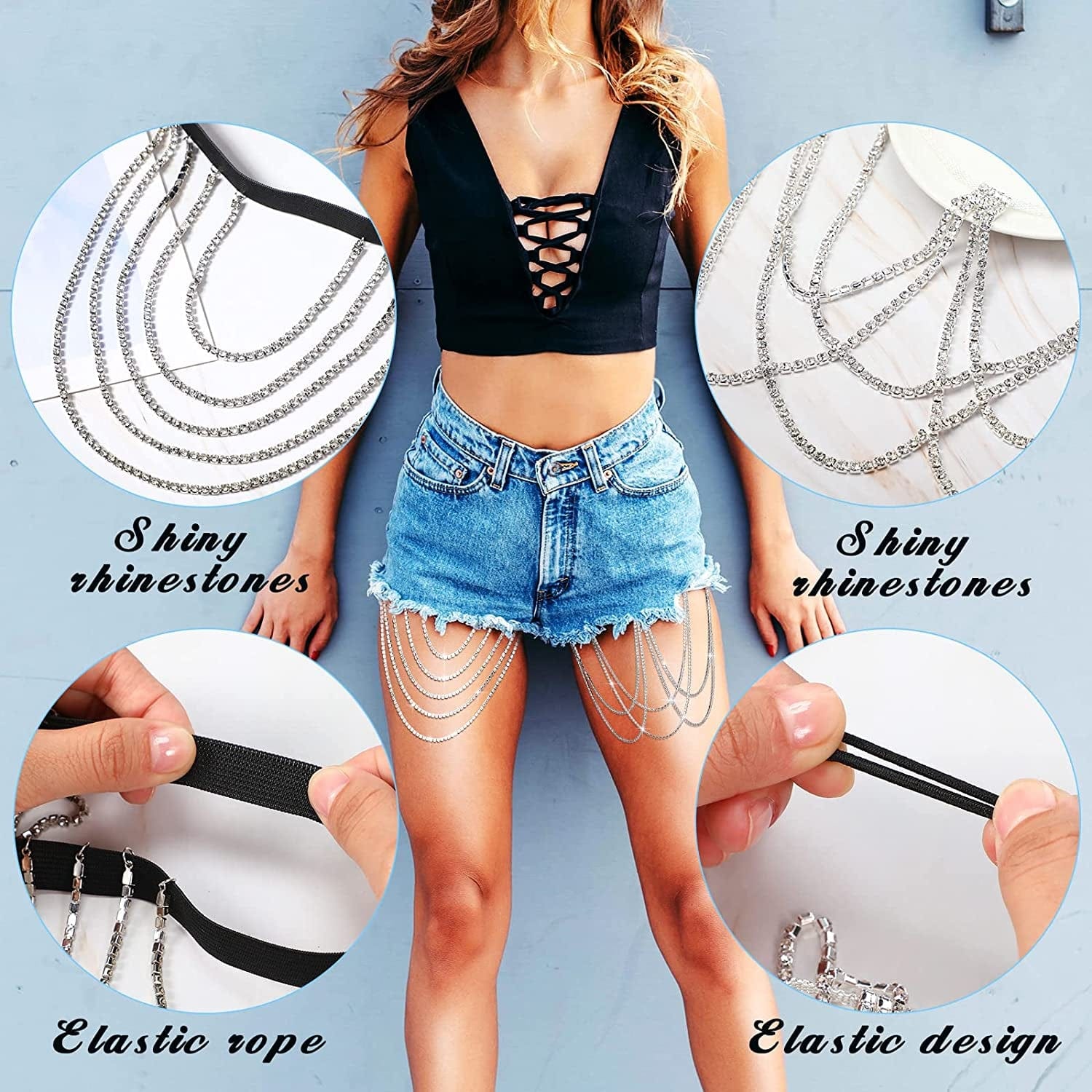 4 Pieces Crystal Leg Chains Thigh Chain Jewelry Rhinestone Sliver Thigh Chain Layered Body Chain Beach Body Chains Thigh Jewelry for Women Girls Rave Party Apparel & Accessories > Jewelry > Body Jewelry Sureio   