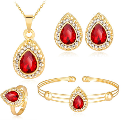 4 Pieces Fashion Elegant Water Droplets Crystal Pendent Necklace Earring Bracelet Ring Jewelry Set for Women Wife Wedding Party Prom Holiday Gifts Red