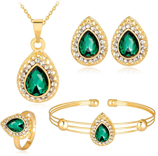 4 Pieces Fashion Elegant Water Droplets Crystal Pendent Necklace Earring Bracelet Ring Jewelry Set for Women Wife Wedding Party Prom Holiday Gifts Green
