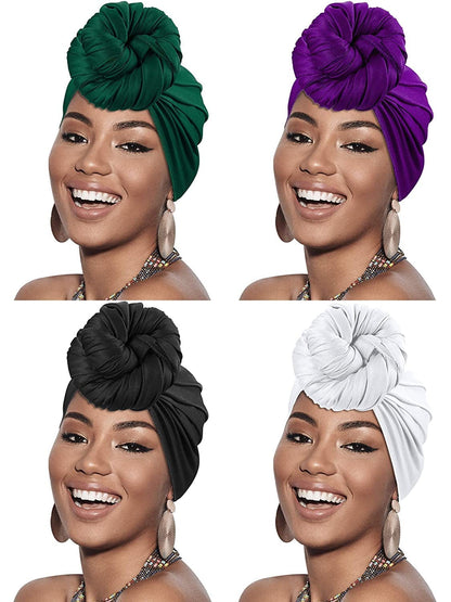 4 Pieces Head Scarf Turban Long Hair Head Wrap Scarf Soft Stretch Headwrap Headband Solid Color Turban Tie (Black, White, Green, Purple) Apparel & Accessories > Clothing Accessories > Bandanas & Headties SATINIOR   