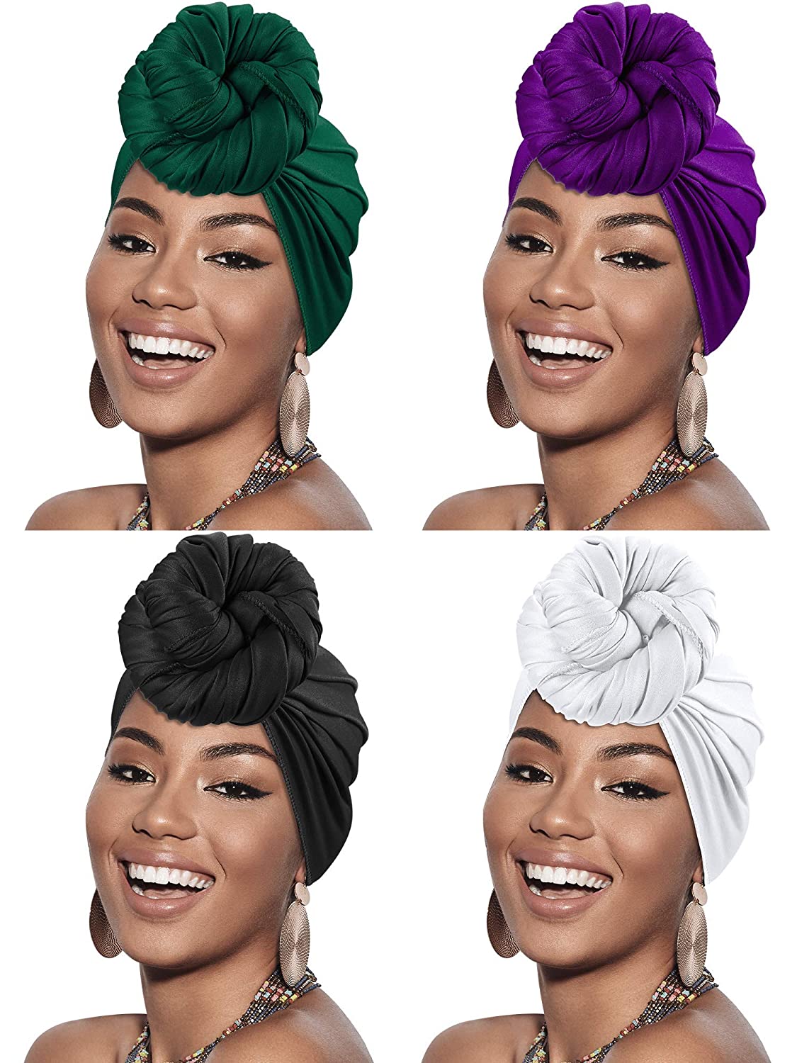 4 Pieces Head Scarf Turban Long Hair Head Wrap Scarf Soft Stretch Headwrap Headband Solid Color Turban Tie (Black, White, Green, Purple) Apparel & Accessories > Clothing Accessories > Bandanas & Headties SATINIOR Black, White, Green, Purple  