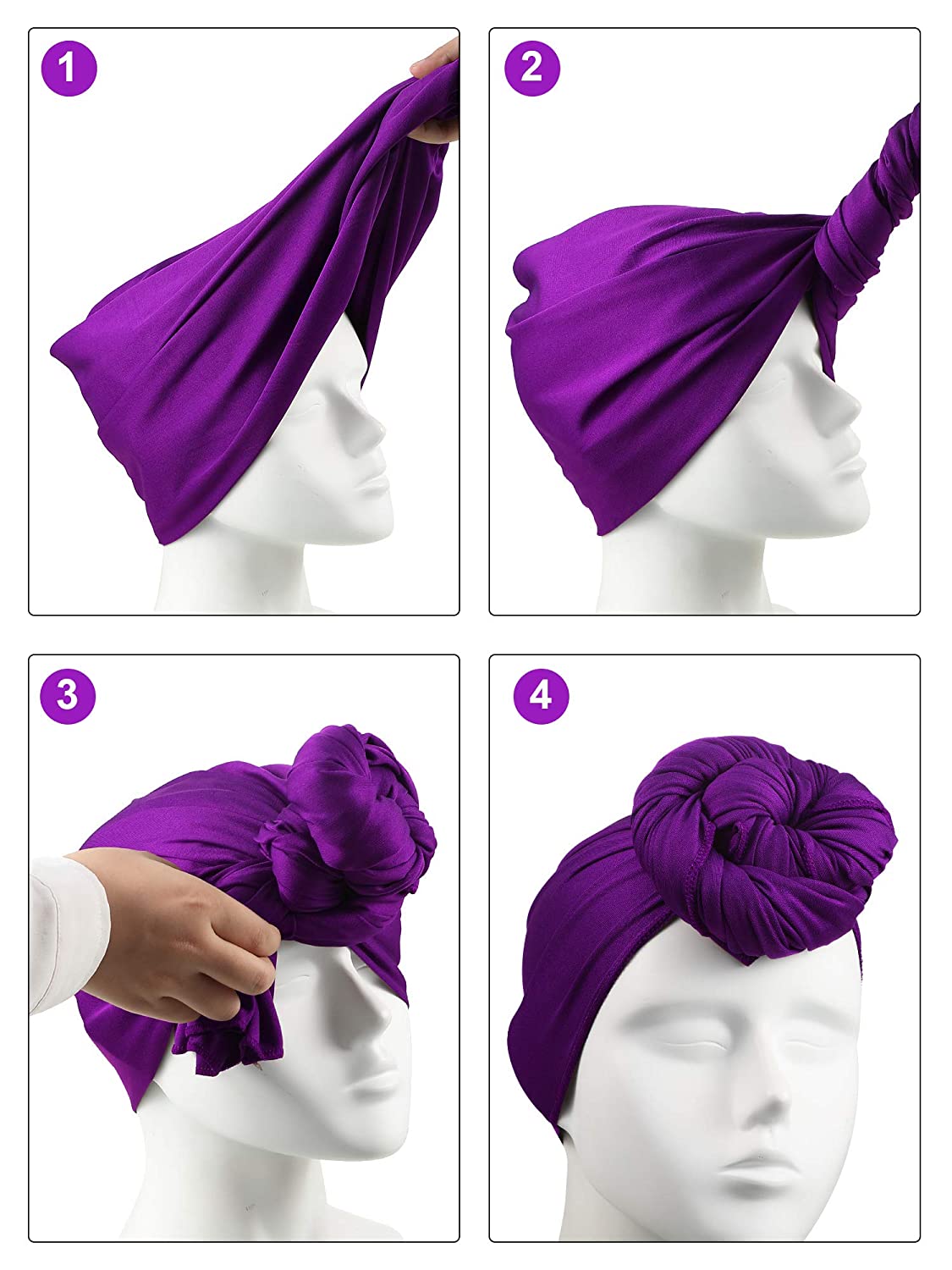 4 Pieces Head Scarf Turban Long Hair Head Wrap Scarf Soft Stretch Headwrap Headband Solid Color Turban Tie (Black, White, Green, Purple) Apparel & Accessories > Clothing Accessories > Bandanas & Headties SATINIOR   