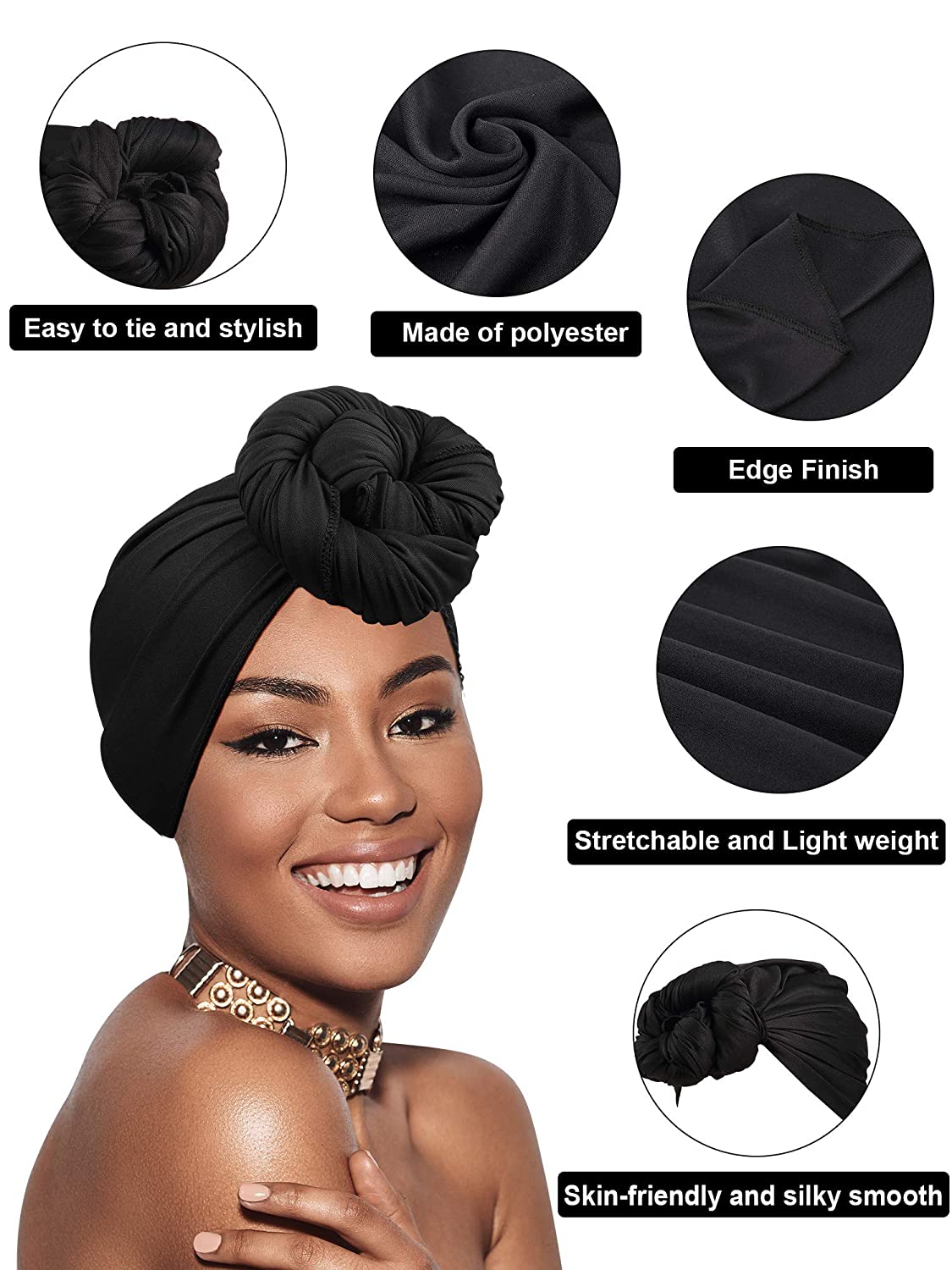 4 Pieces Head Scarf Turban Long Hair Head Wrap Scarf Soft Stretch Headwrap Headband Solid Color Turban Tie (Black, White, Green, Purple) Apparel & Accessories > Clothing Accessories > Bandanas & Headties SATINIOR   