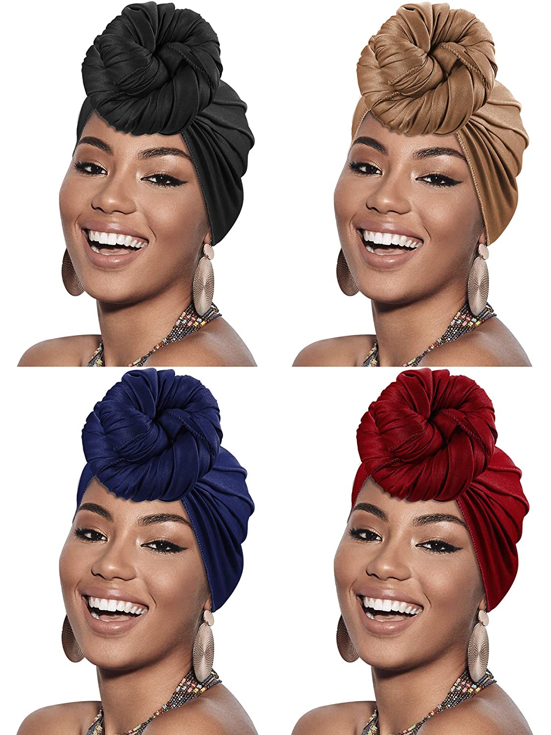 4 Pieces Head Scarf Turban Long Hair Head Wrap Scarf Soft Stretch Headwrap Headband Solid Color Turban Tie (Black, White, Green, Purple) Apparel & Accessories > Clothing Accessories > Bandanas & Headties SATINIOR Black, Khaki, Blue, Red  