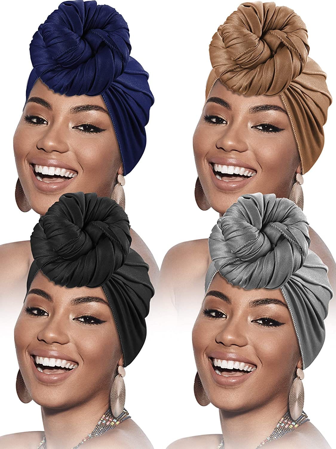 4 Pieces Head Scarf Turban Long Hair Head Wrap Scarf Soft Stretch Headwrap Headband Solid Color Turban Tie (Black, White, Green, Purple) Apparel & Accessories > Clothing Accessories > Bandanas & Headties SATINIOR Black, Brown, Navy Blue, Grey  