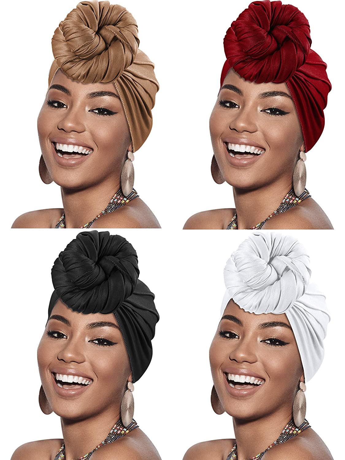 4 Pieces Head Scarf Turban Long Hair Head Wrap Scarf Soft Stretch Headwrap Headband Solid Color Turban Tie (Black, White, Green, Purple) Apparel & Accessories > Clothing Accessories > Bandanas & Headties SATINIOR Brown, Red, Black, White  