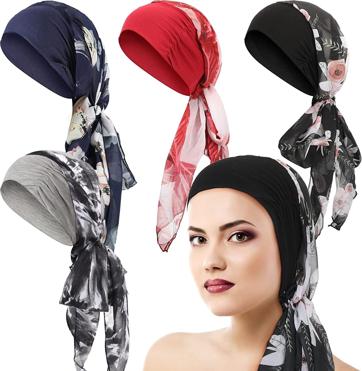 4 Pieces Headwear Turban Sleep Beanie Head Scarf Long Hair Head Turbans for Women Apparel & Accessories > Clothing Accessories > Headwear Syhood   