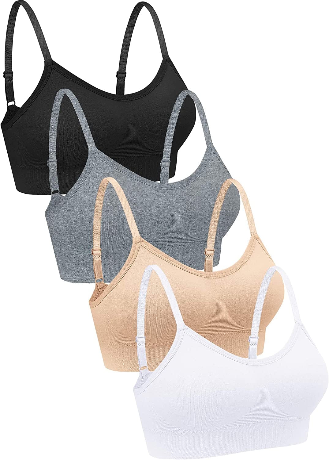 4 Pieces Neck Bralettes Wireless Cami Bra Tank Top Bra Sports Bra for Women Girls Black, Light Grey, White, Pink / Large
