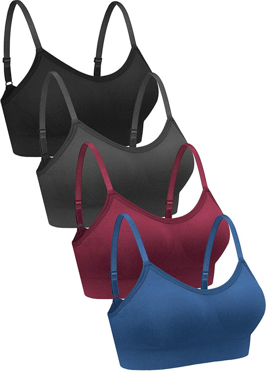 4 Pieces Neck Bralettes Wireless Cami Bra Tank Top Bra Sports Bra for Women Girls Black, Dark Grey, Dark Red, Blue / Medium