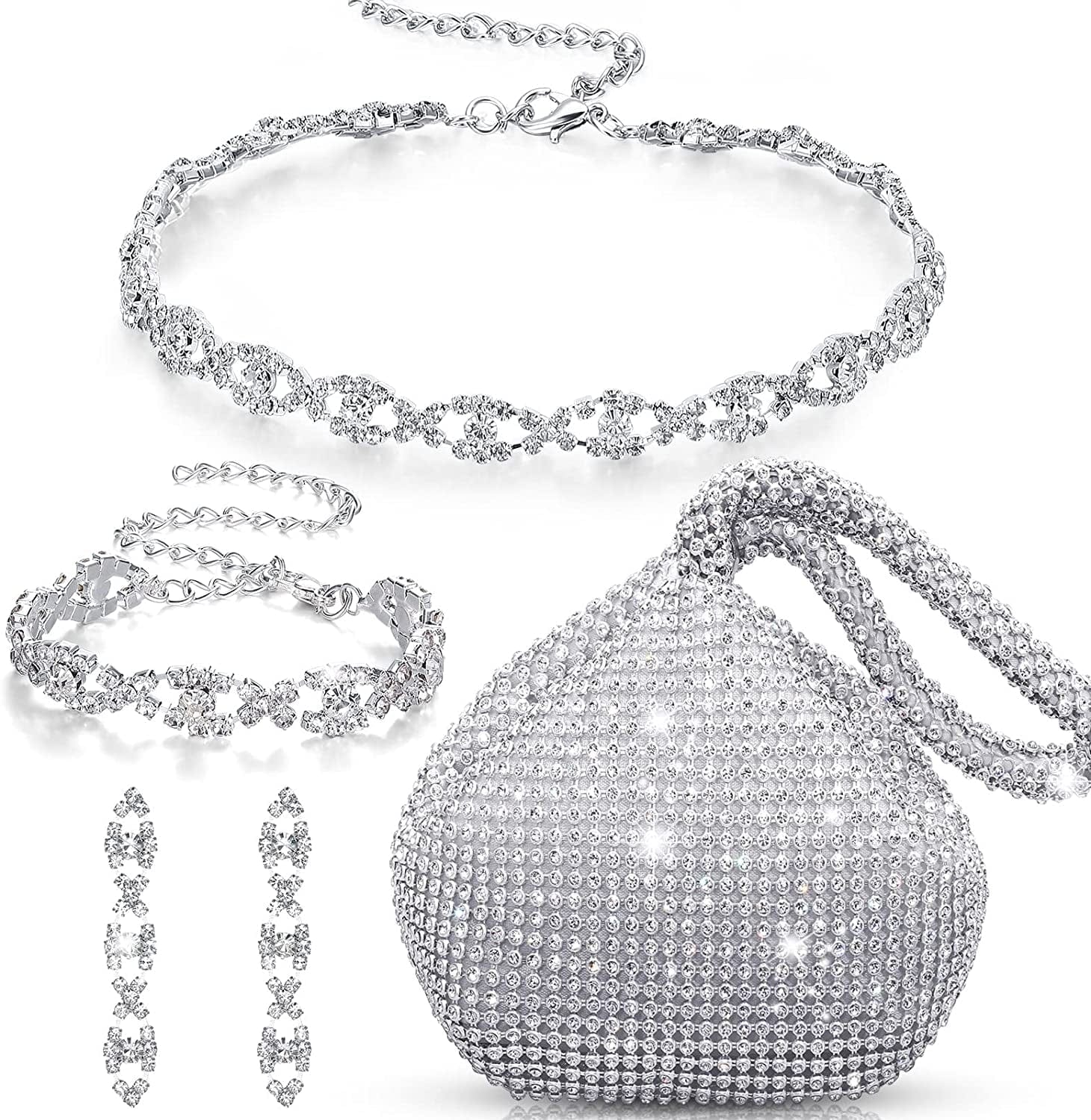 4 Pieces Rhinestone Necklace Choker Bracelet Earring Clutch Purses Jewelry Set Women Crystal Triangle Bling Diamond Purse Rhinestone Bag for Wedding Party Silver