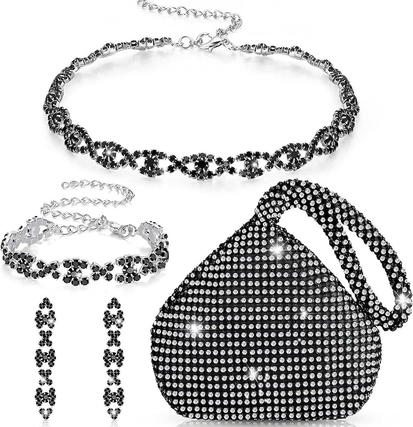 4 Pieces Rhinestone Necklace Choker Bracelet Earring Clutch Purses Jewelry Set Women Crystal Triangle Bling Diamond Purse Rhinestone Bag for Wedding Party Black