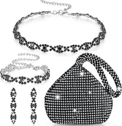 4 Pieces Rhinestone Necklace Choker Bracelet Earring Clutch Purses Jewelry Set Women Crystal Triangle Bling Diamond Purse Rhinestone Bag for Wedding Party Black