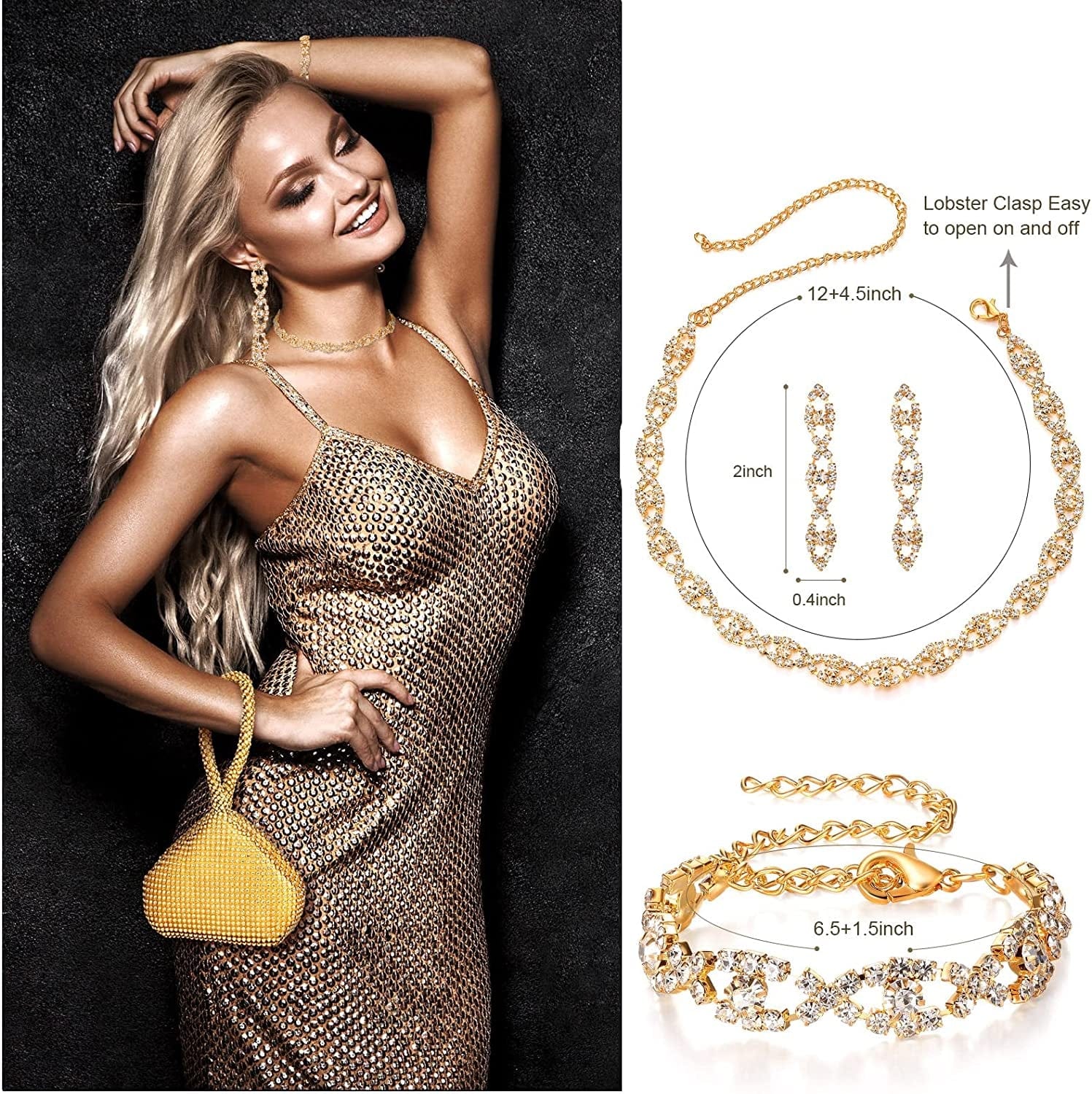 4 Pieces Rhinestone Necklace Choker Bracelet Earring Clutch Purses Jewelry Set Women Crystal Triangle Bling Diamond Purse Rhinestone Bag for Wedding Party