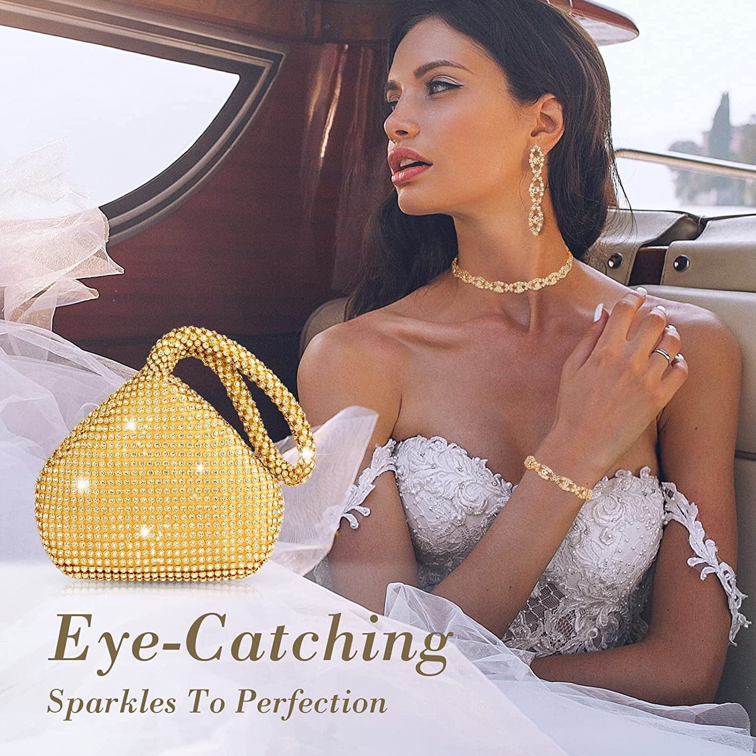 4 Pieces Rhinestone Necklace Choker Bracelet Earring Clutch Purses Jewelry Set Women Crystal Triangle Bling Diamond Purse Rhinestone Bag for Wedding Party