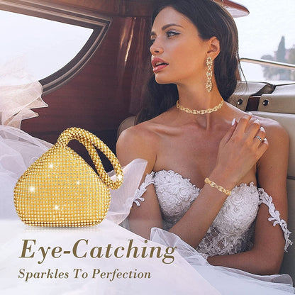 4 Pieces Rhinestone Necklace Choker Bracelet Earring Clutch Purses Jewelry Set Women Crystal Triangle Bling Diamond Purse Rhinestone Bag for Wedding Party