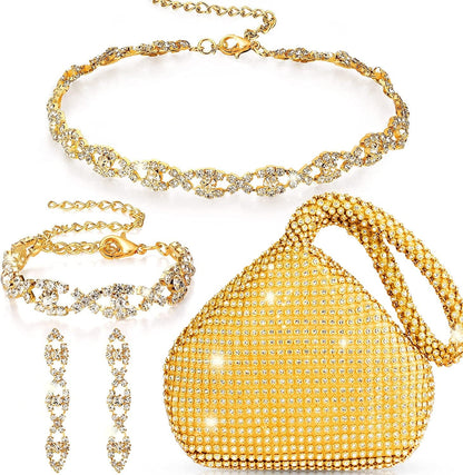 4 Pieces Rhinestone Necklace Choker Bracelet Earring Clutch Purses Jewelry Set Women Crystal Triangle Bling Diamond Purse Rhinestone Bag for Wedding Party Gold