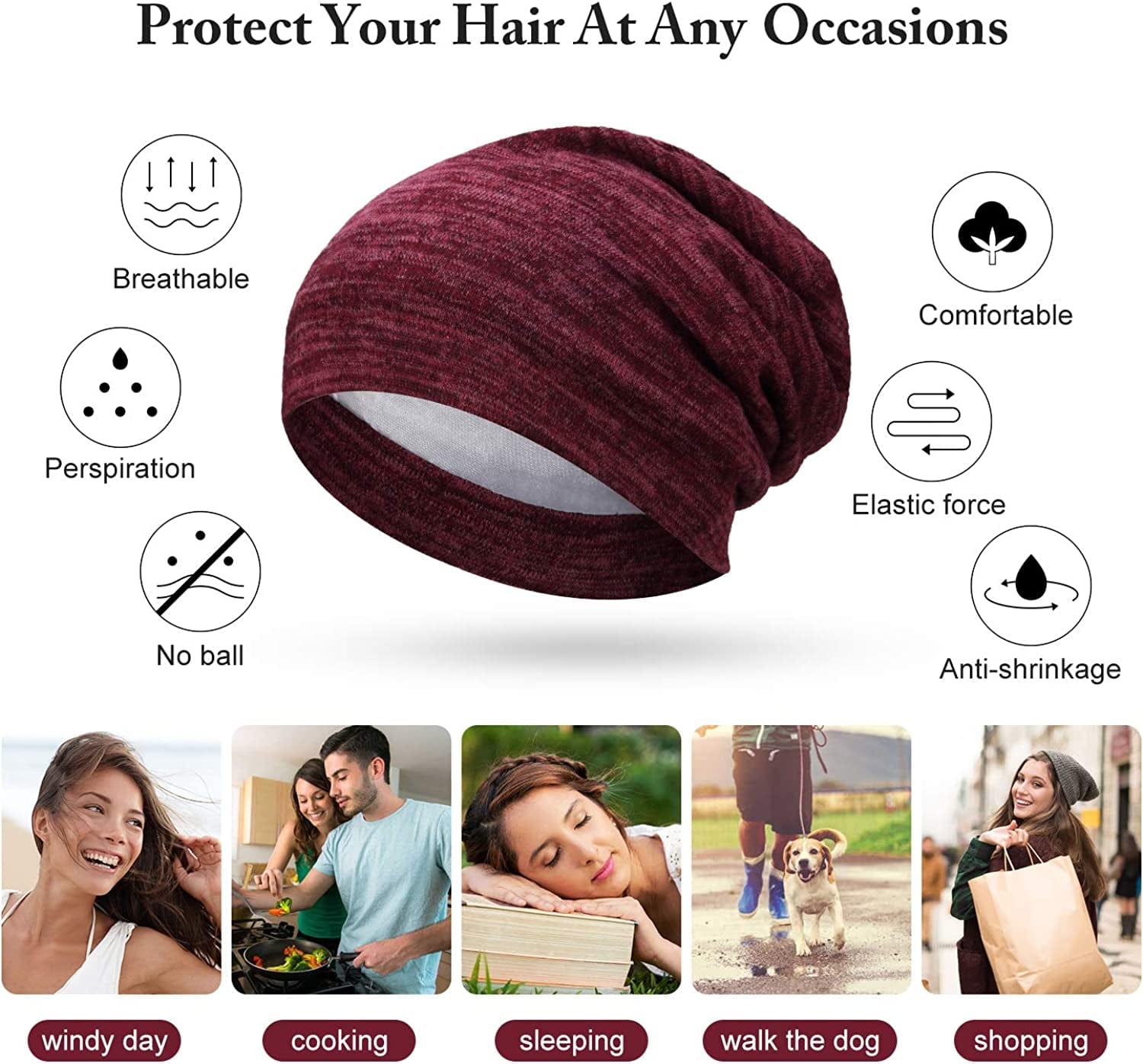 4 Pieces Satin Lined Sleep Cap Slouchy Beanie Hat Night Hair Cap for Women (Black, Navy Blue, Khaki, Wine Red) Apparel & Accessories > Clothing Accessories > Headwear SATINIOR   