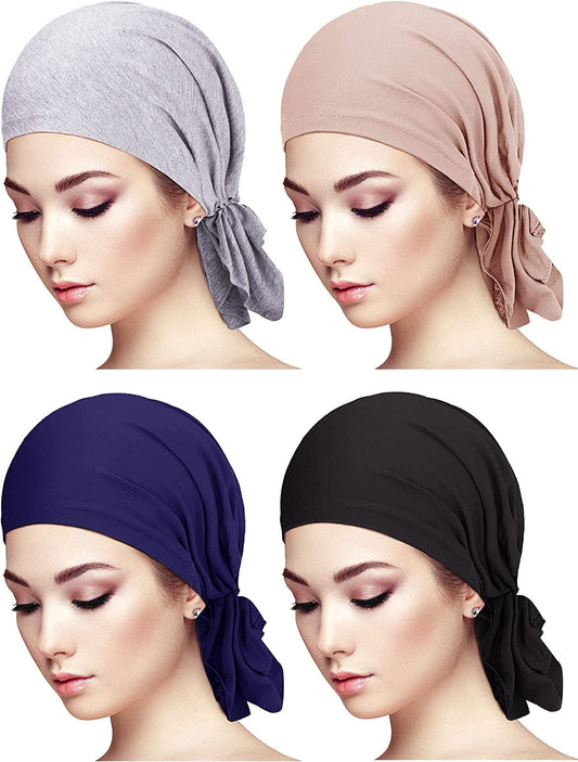 4 Pieces Slip-On Pre-Tied Head Scarves Women Headwear Turban Beanie Caps Head Wrap Headscarf for Women Girls Apparel & Accessories > Clothing Accessories > Bandanas & Headties Syhood Grey, Camel, Navy Blue, Black  