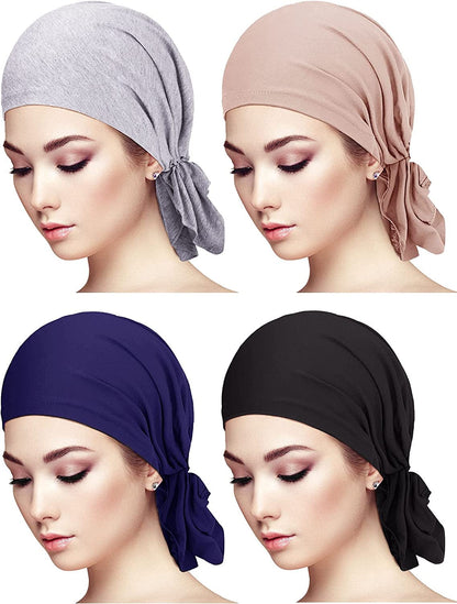 4 Pieces Slip-On Pre-Tied Head Scarves Women Headwear Turban Beanie Caps Head Wrap Headscarf for Women Girls Apparel & Accessories > Clothing Accessories > Headwear Syhood Grey, Camel, Navy Blue, Black  