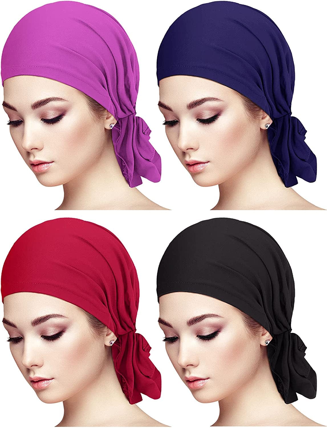 4 Pieces Slip-On Pre-Tied Head Scarves Women Headwear Turban Beanie Caps Head Wrap Headscarf for Women Girls Apparel & Accessories > Clothing Accessories > Headwear Syhood Purple, Navy Blue, Wine Red, Black  