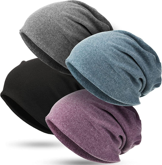 4 Pieces Slouchy Beanie Hat Baggy Skull Sleep Cap Stretch Knit Sleeping Hat Headwear Head Wrap Cap for Men Women Apparel & Accessories > Clothing Accessories > Headwear SATINIOR Light Blue,purple Medium 