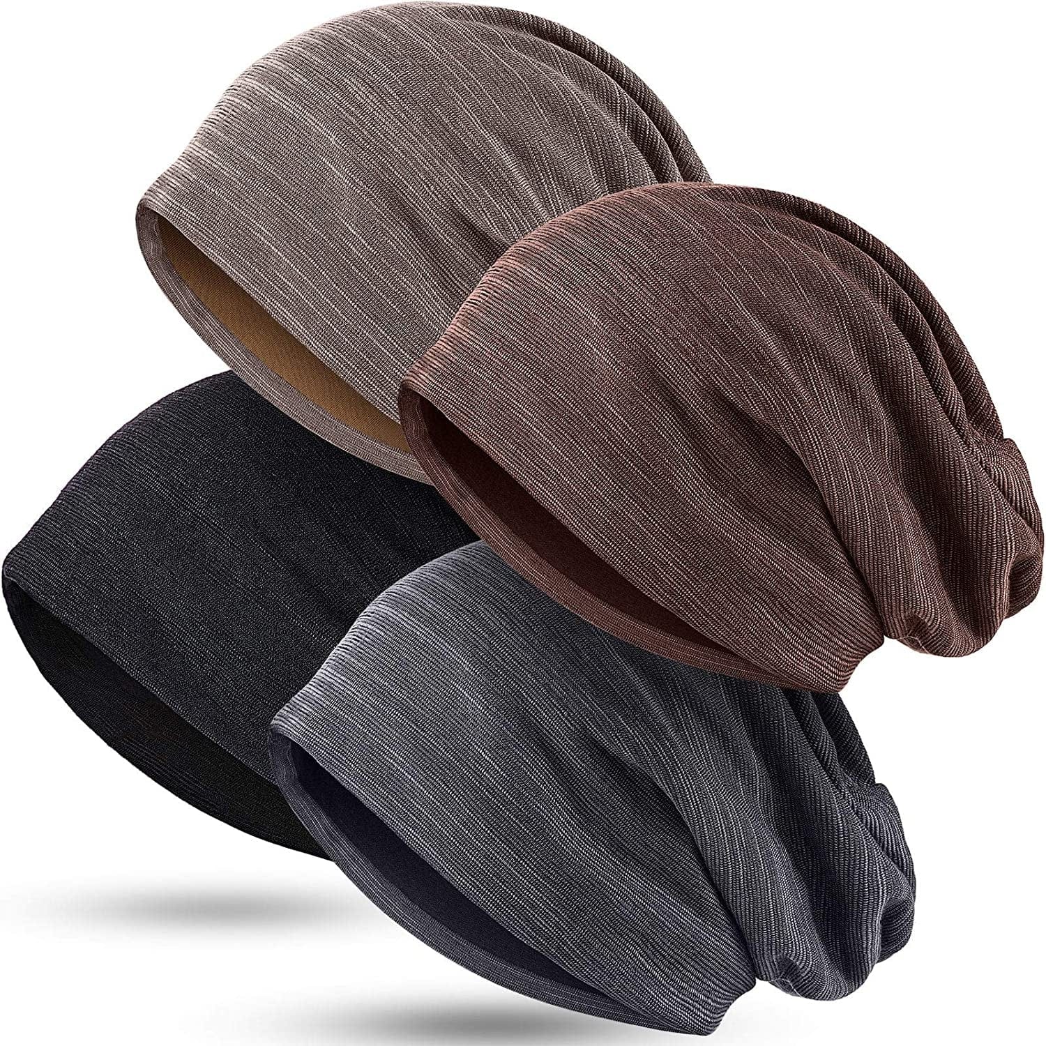 4 Pieces Slouchy Beanie Hat Baggy Skull Sleep Cap Stretch Knit Sleeping Hat Headwear Head Wrap Cap for Men Women Apparel & Accessories > Clothing Accessories > Headwear SATINIOR Khaki,coffee Medium 