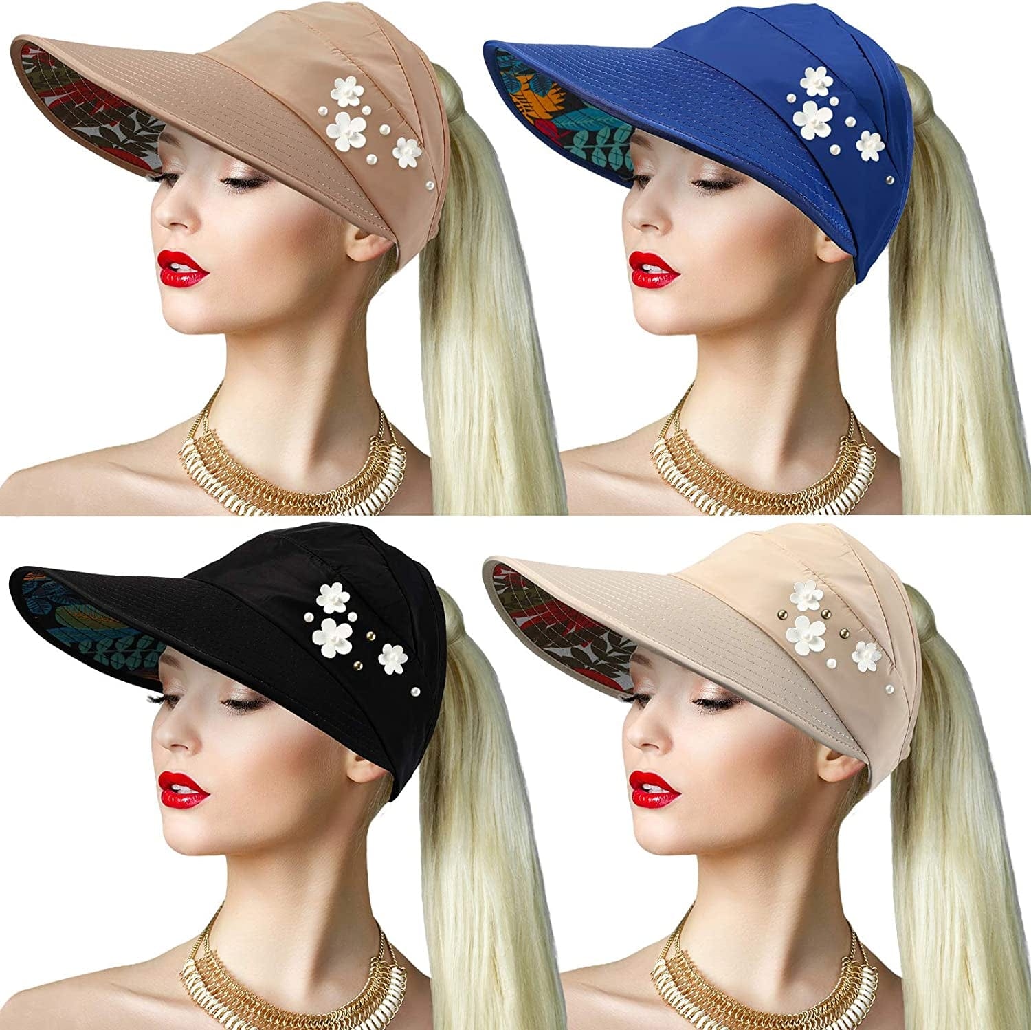 4 Pieces Sun Hat for Women Visor Hats Wide Brim Summer Beach Caps UV Protection Packable Visor Hats Floppy Adjustable Ponytail Hats Apparel & Accessories > Clothing Accessories > Hats Geyoga   