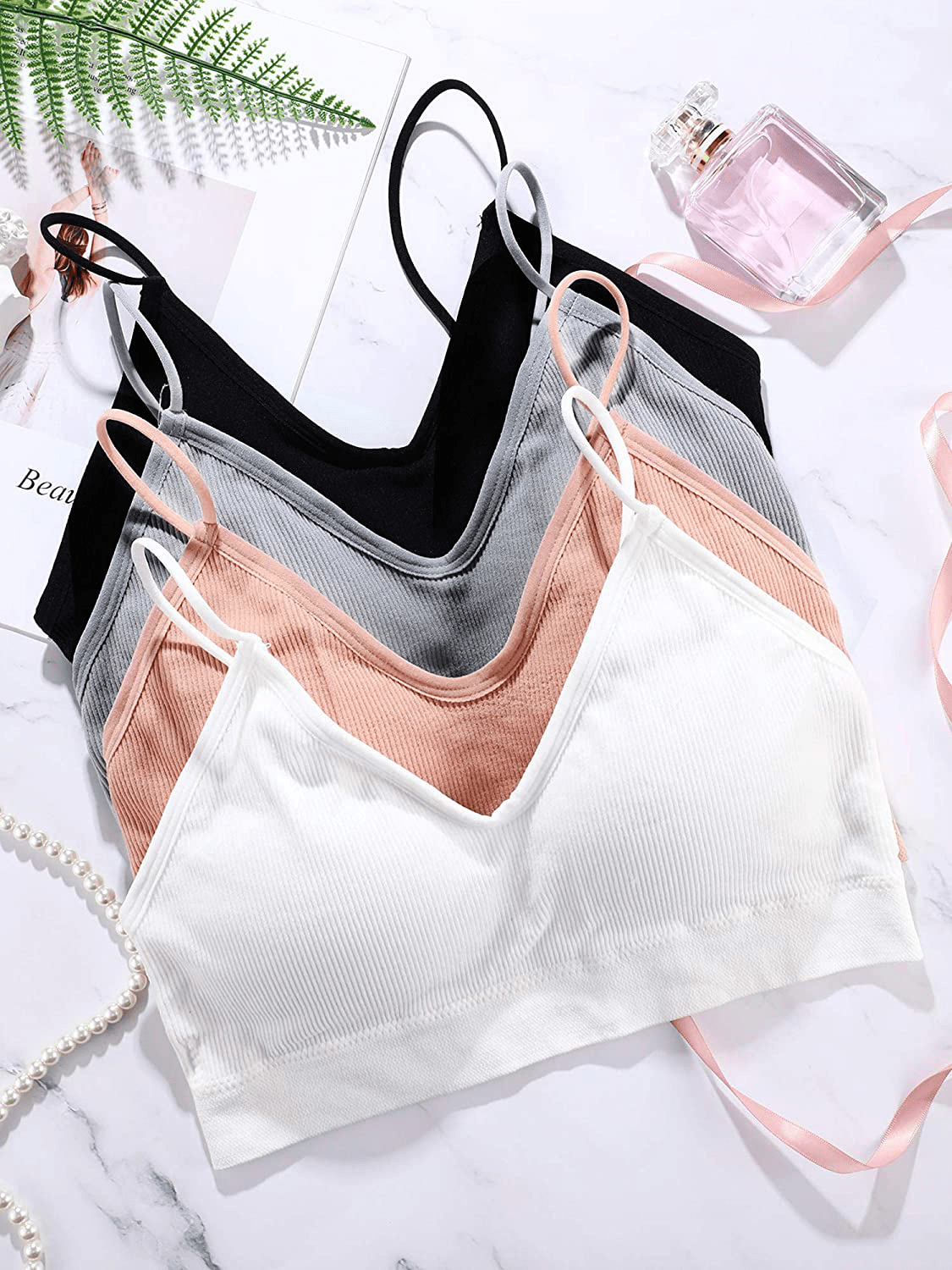 4 Pieces V Neck Cami Bra Padded Seamless Bralette Straps Sleeping Bra for Women Girls Apparel & Accessories > Clothing > Underwear & Socks > Bras Kylie Max   
