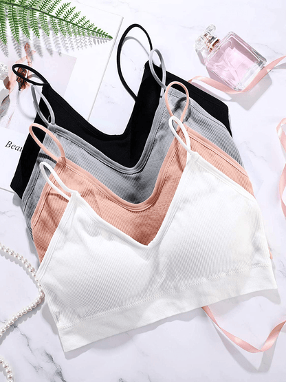 4 Pieces V Neck Cami Bra Padded Seamless Bralette Straps Sleeping Bra for Women Girls Apparel & Accessories > Clothing > Underwear & Socks > Bras Kylie Max   