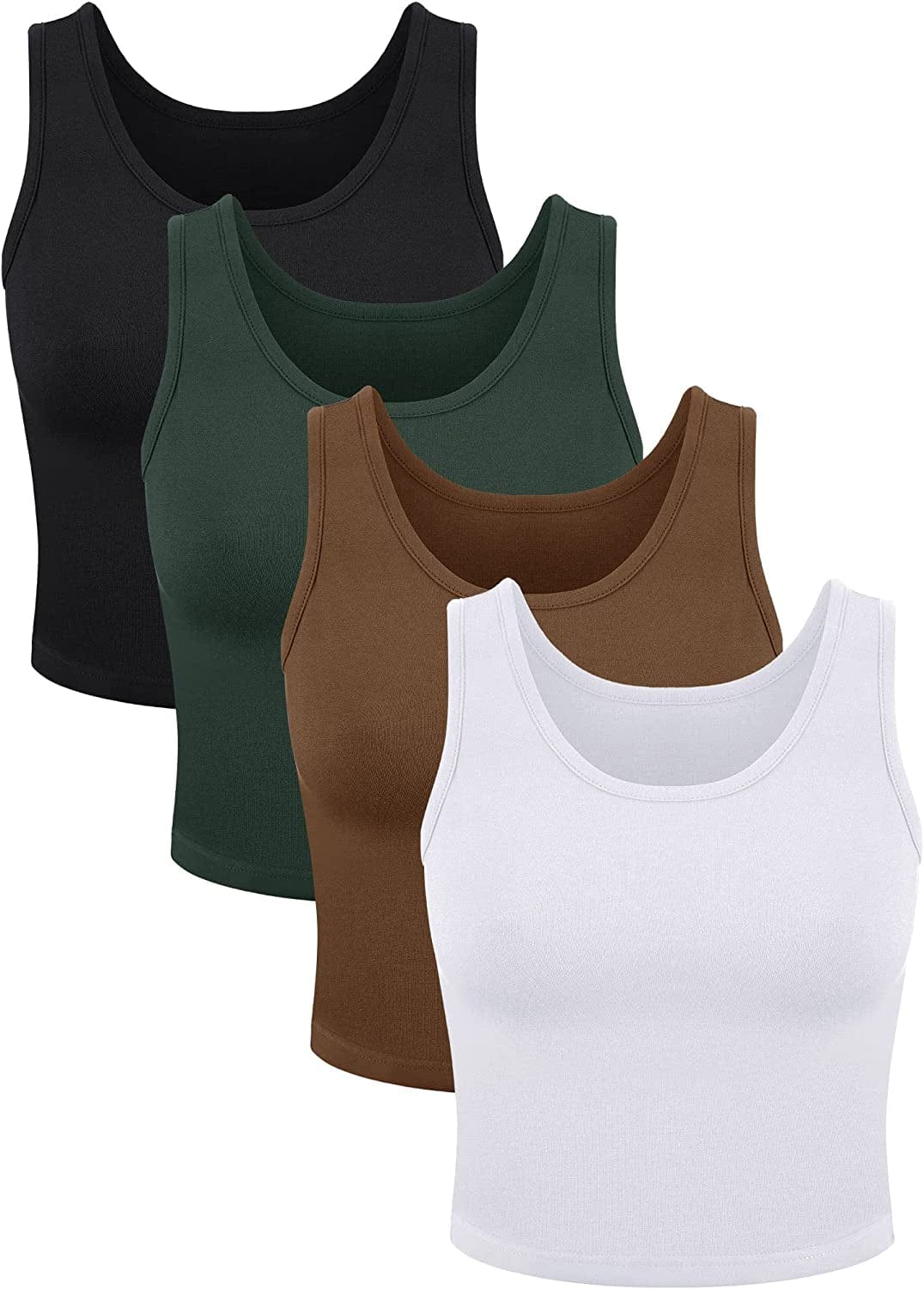 4 Pieces Women Basic Crop Tank Top Short Sleeveless Sports Crop Top Dark Green, Black, Chocolate, White / Large